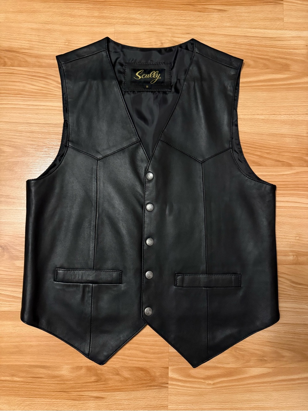 Scully Black Leather Vest with Gold Script Label